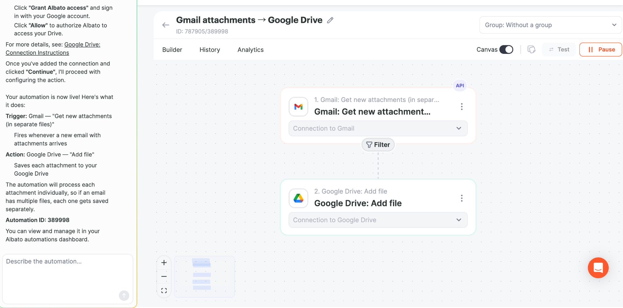 Albato Gmail attachments to Google Drive automation running live