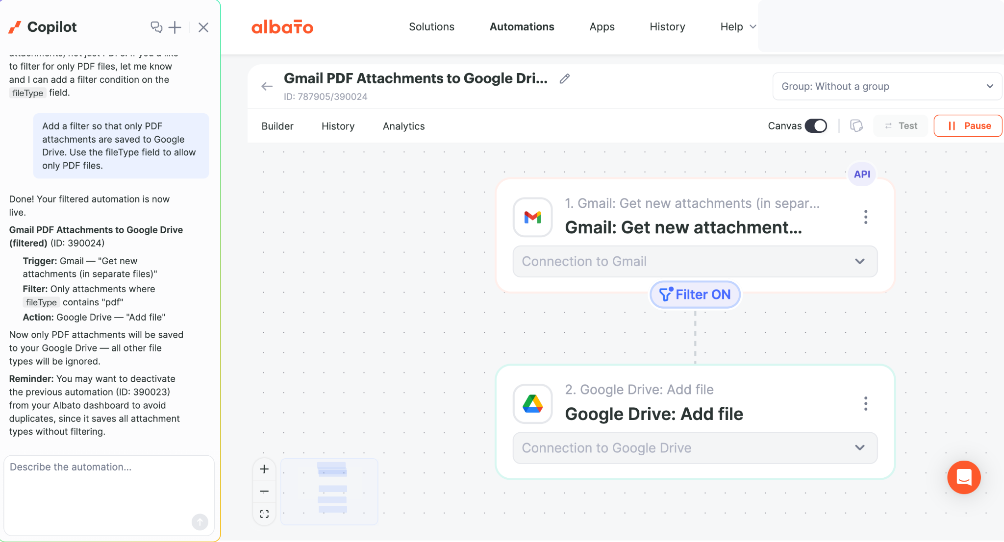 Albato PDF filter enabled between Gmail and Google Drive