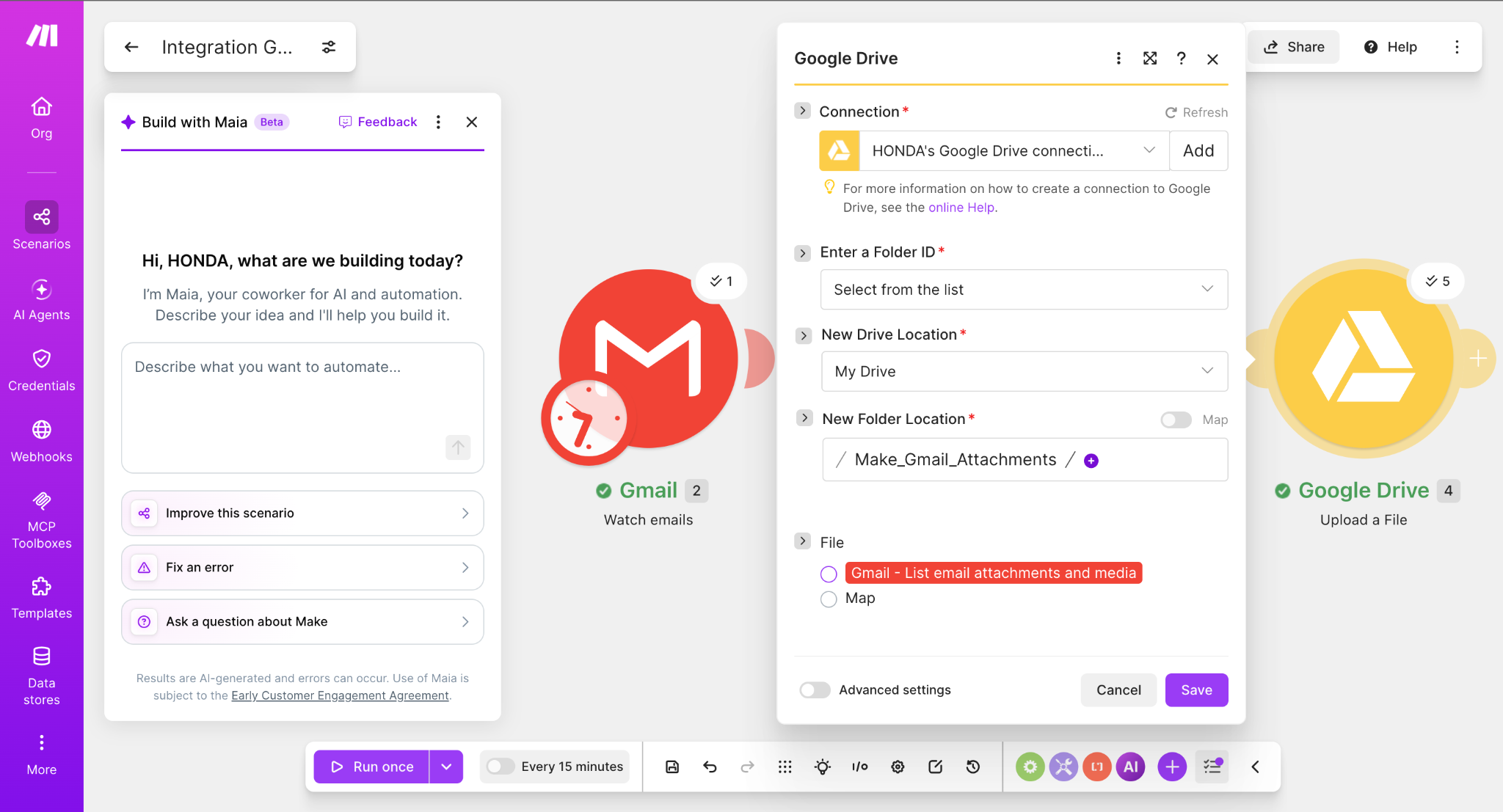 Make Google Drive Upload a File settings showing My Drive, Make_Gmail_Attachments folder, and Gmail attachment input