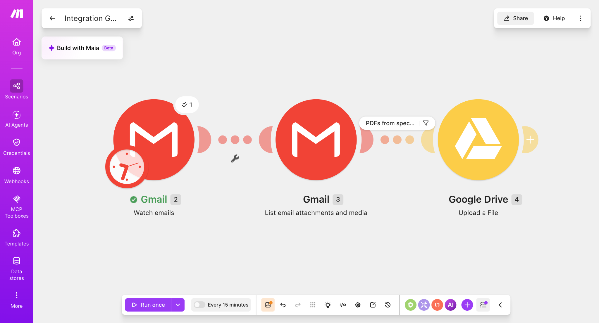 Make scenario connecting Gmail watch emails, Gmail list attachments, and Google Drive upload a file