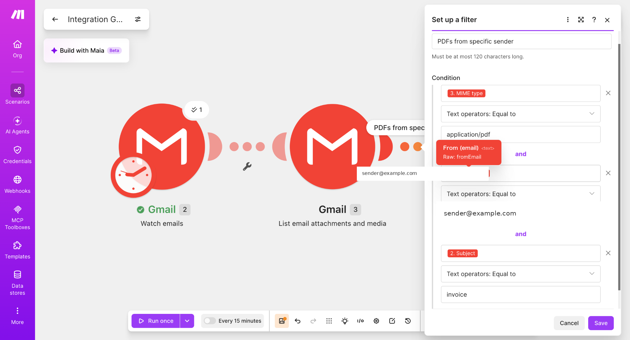 Make filter with PDF MIME type, sender@example.com, and invoice subject conditions