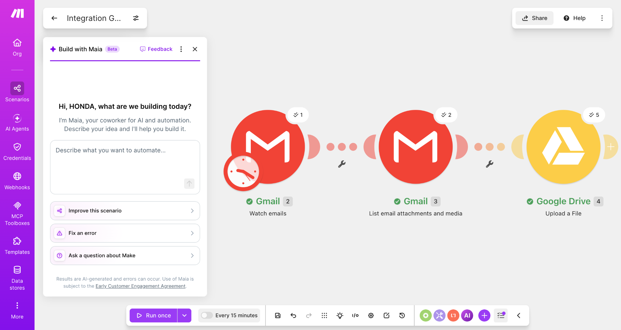 Successful Make workflow showing Gmail Watch emails, Gmail List email attachments and media, and Google Drive Upload a File