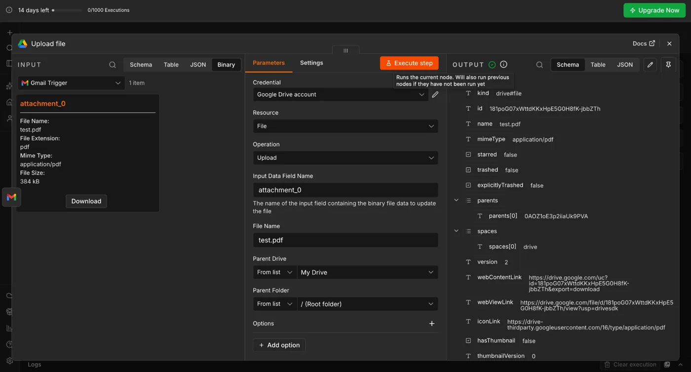 n8n Google Drive upload success output for a renamed PDF