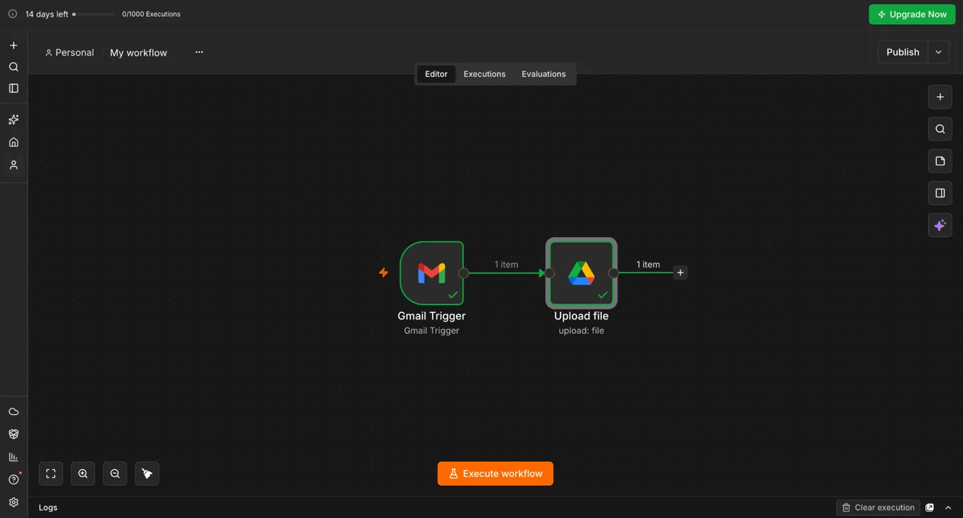 n8n two-node Gmail to Google Drive workflow