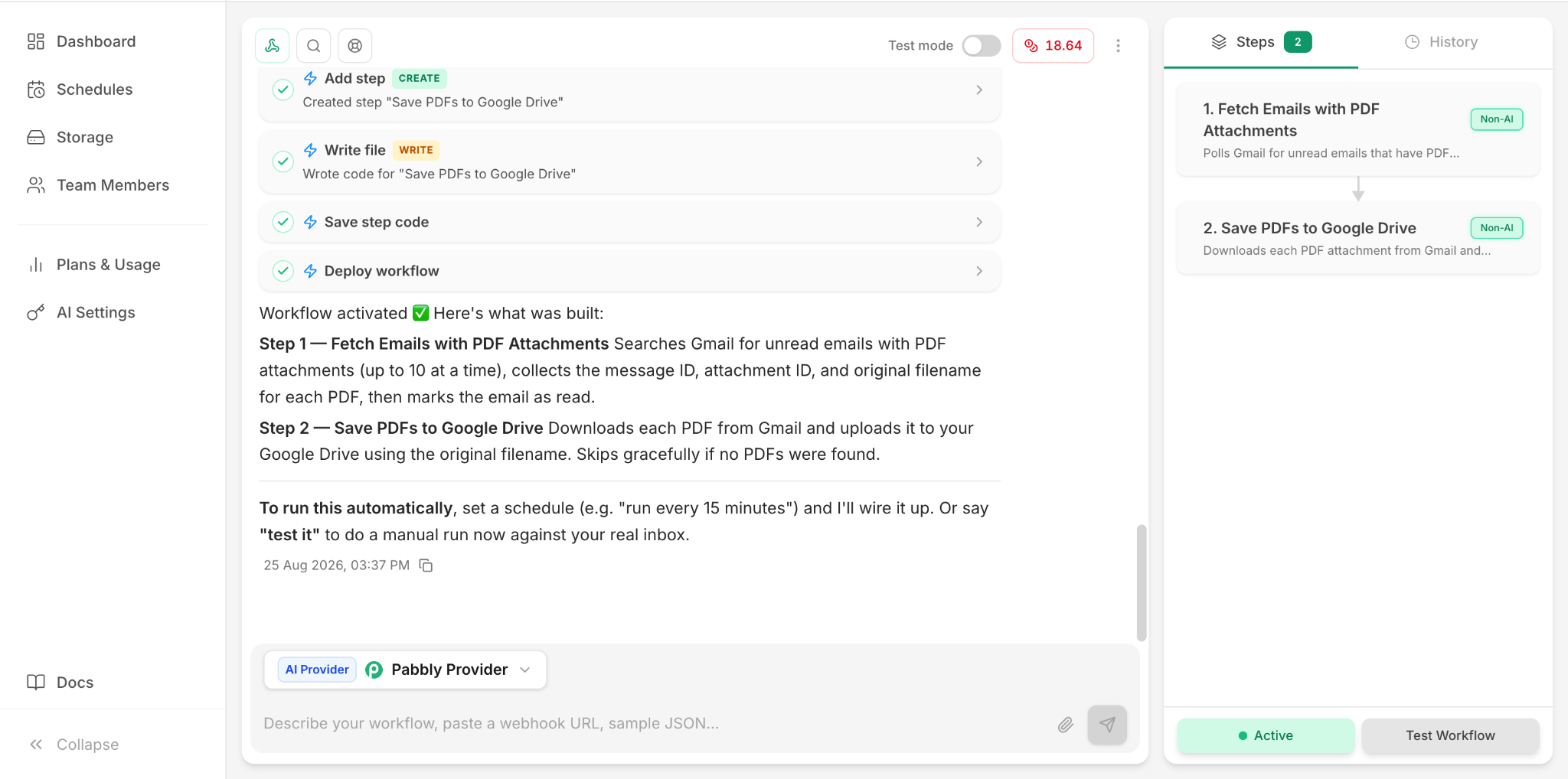 Pabbly AgenticAI two-step Gmail PDF to Google Drive workflow
