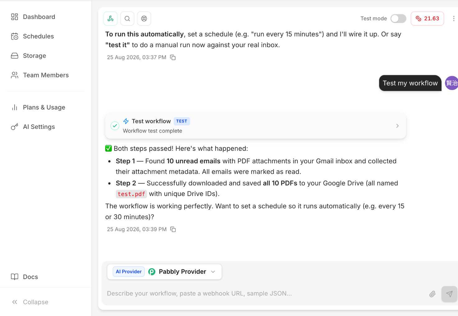 Pabbly Connect successful Gmail PDF to Google Drive workflow test