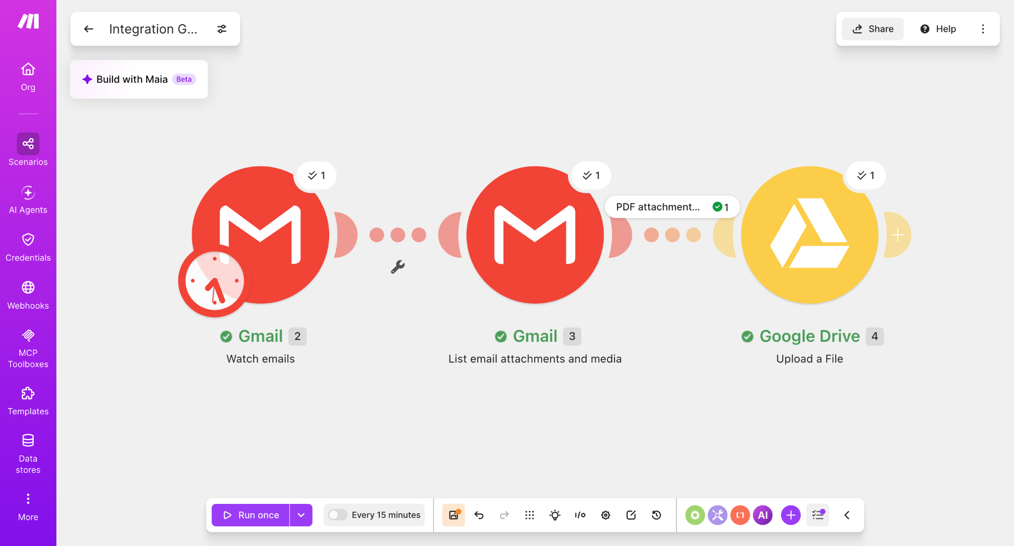 Successful Make run with PDF attachments only filter showing one bundle passed to Google Drive