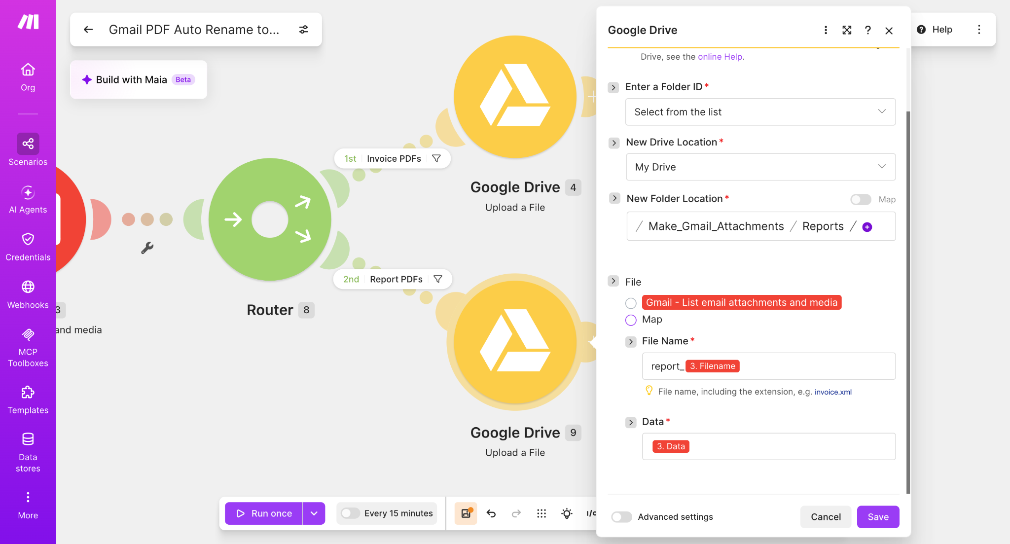Google Drive Upload a File settings with report prefix added before Gmail attachment filename