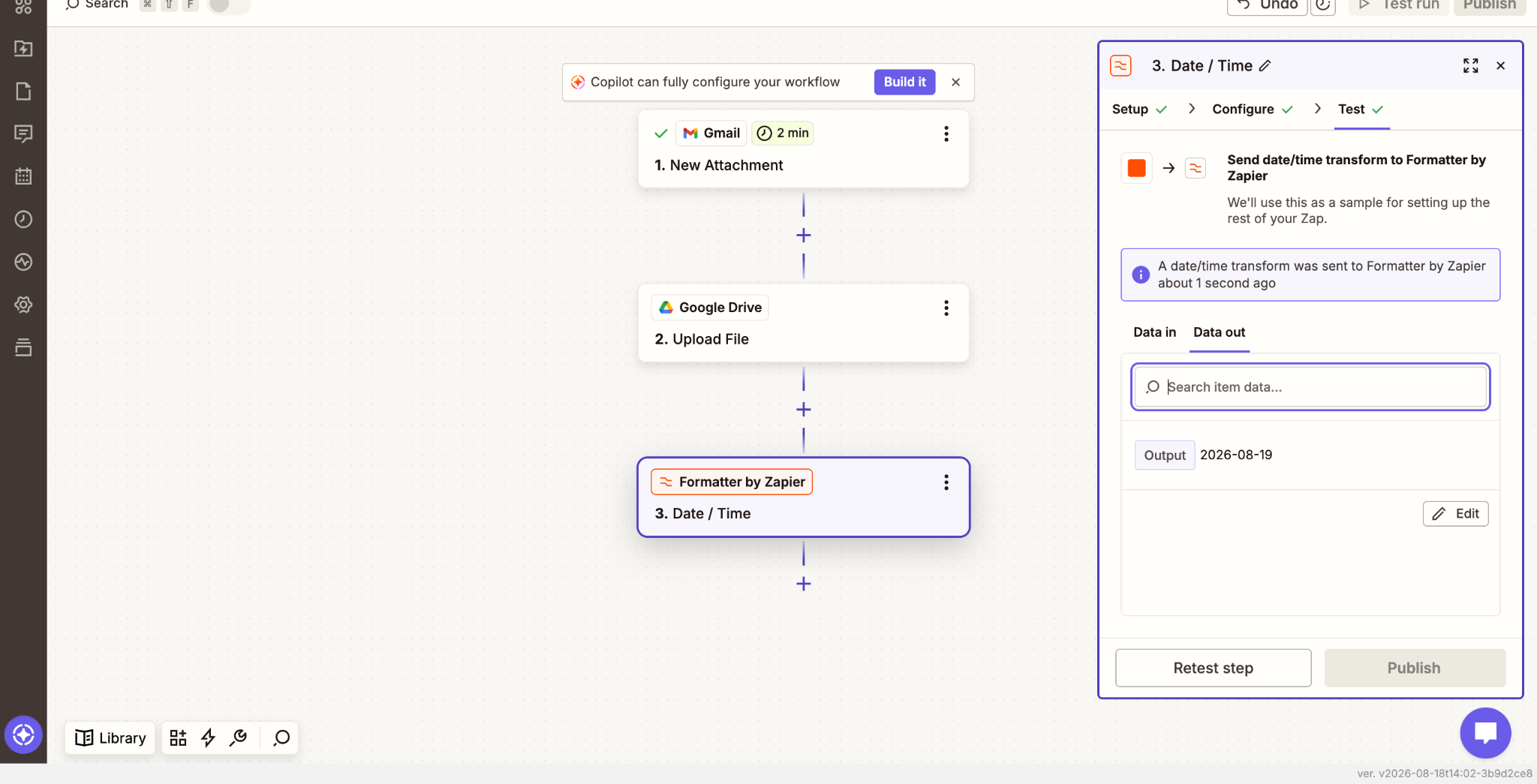 Formatter by Zapier output showing the date 2026-08-19