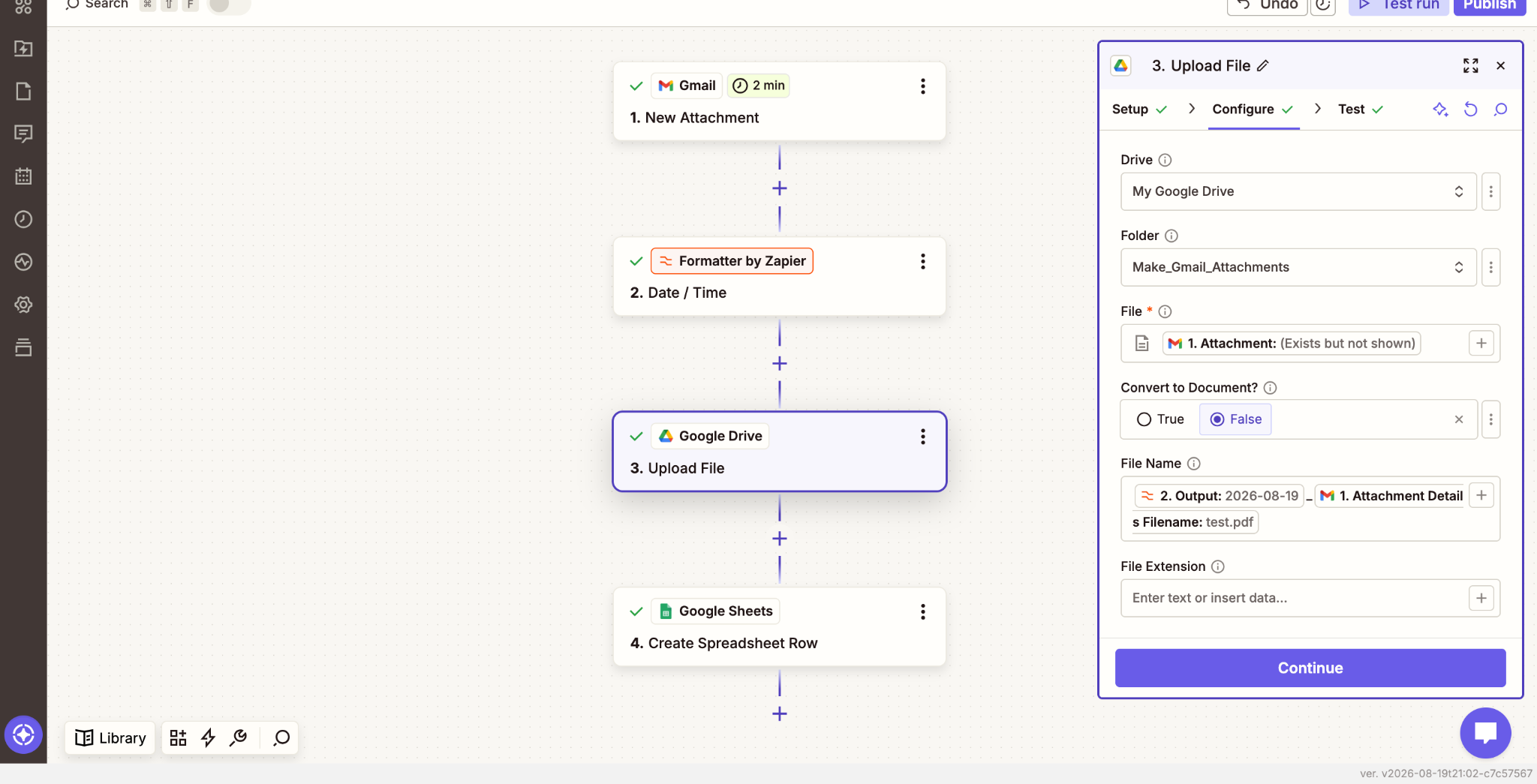 Zapier Google Drive Upload File configuration with a date and original filename