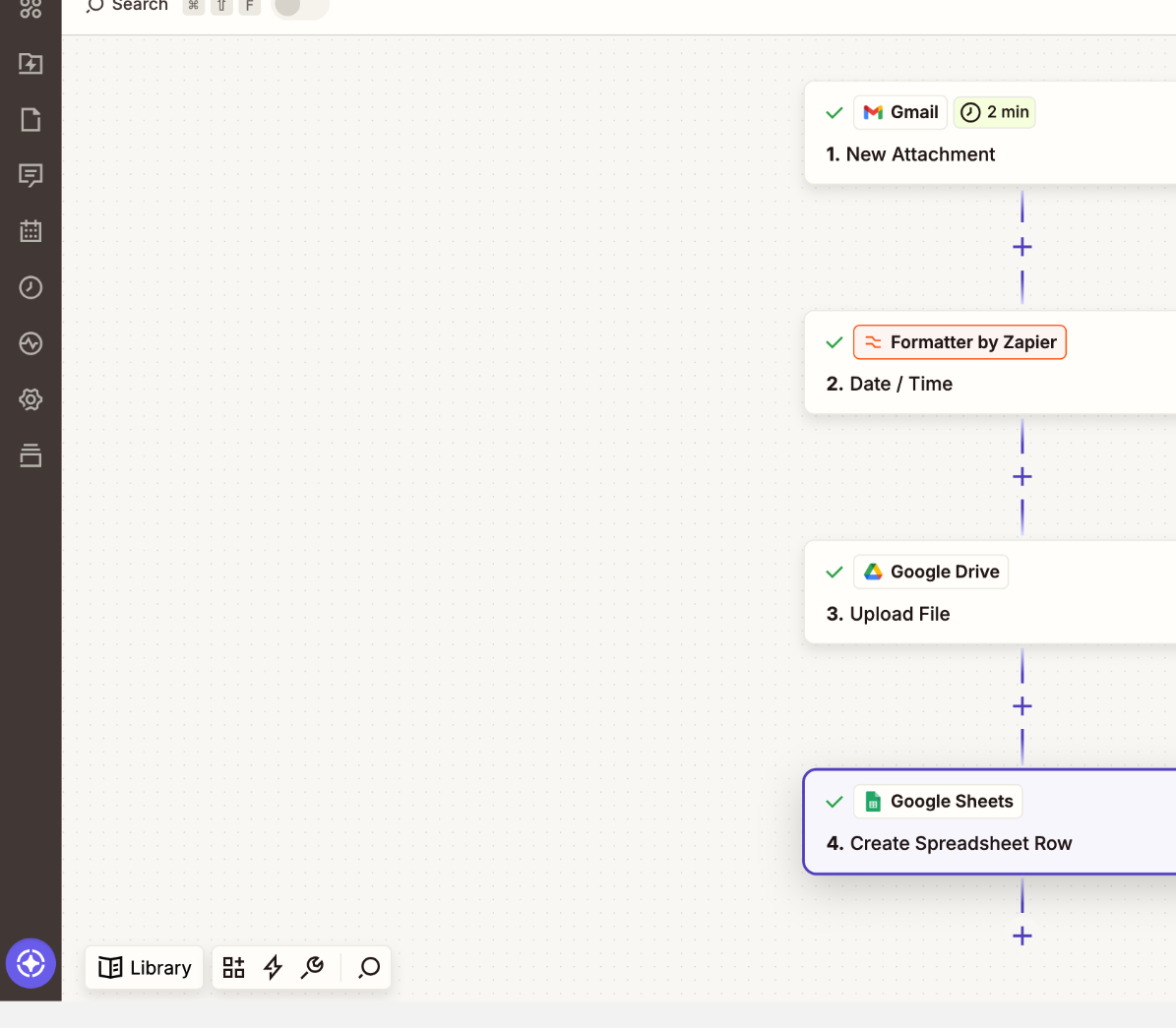 Completed Zapier workflow with Gmail, Formatter, Google Drive, and Google Sheets